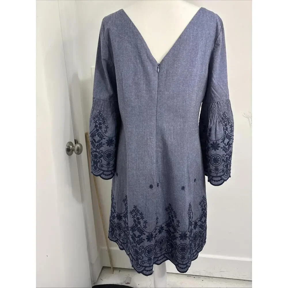 Eliza J Blue Chambray Embroidered 6 Bell Sleeve Boat Neck Mini‎ Dress NWOT